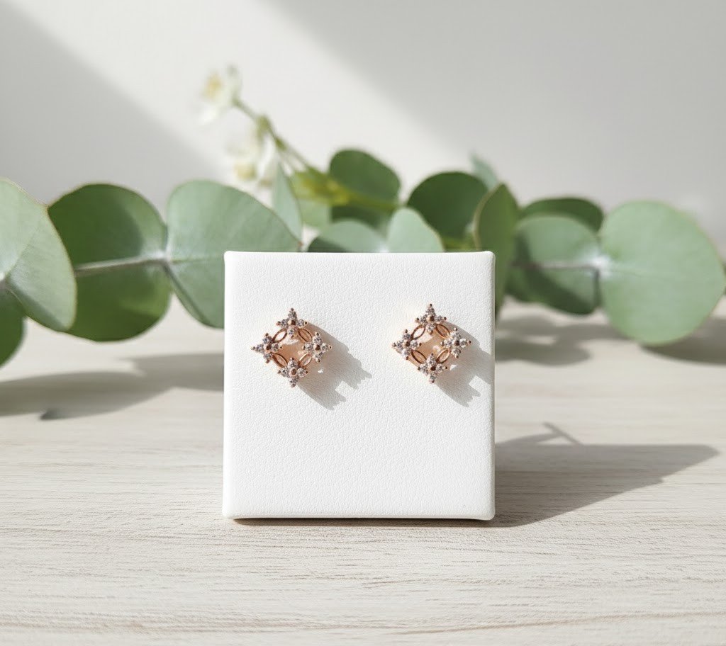 Gold-Plated Open Square Floral Stud Earrings | Elegant 4-Flower Cluster Ear Studs with Sparkling White Crystals for Women & Girls