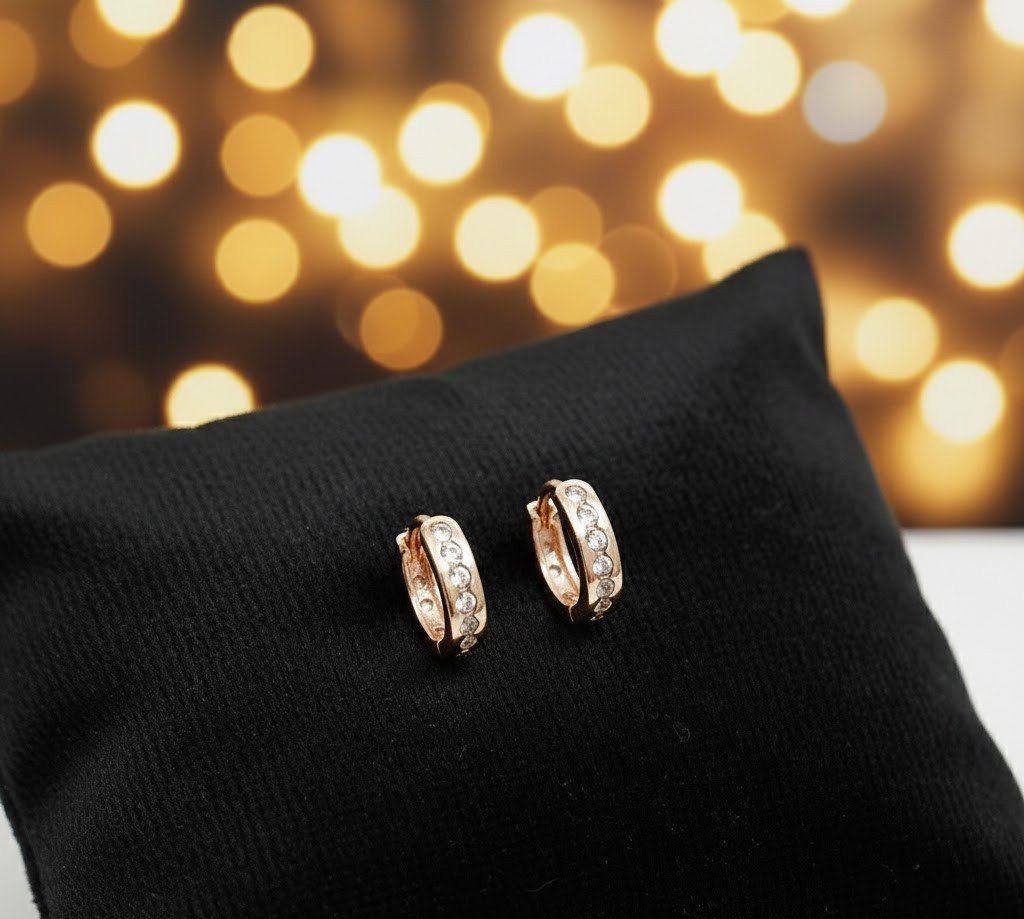 Elegant Rose Gold-Plated Huggie Hoop Earrings | Sparkling White Stone Embedded Bali for Women | Minimalist Daily Wear Rose Gold Hoops