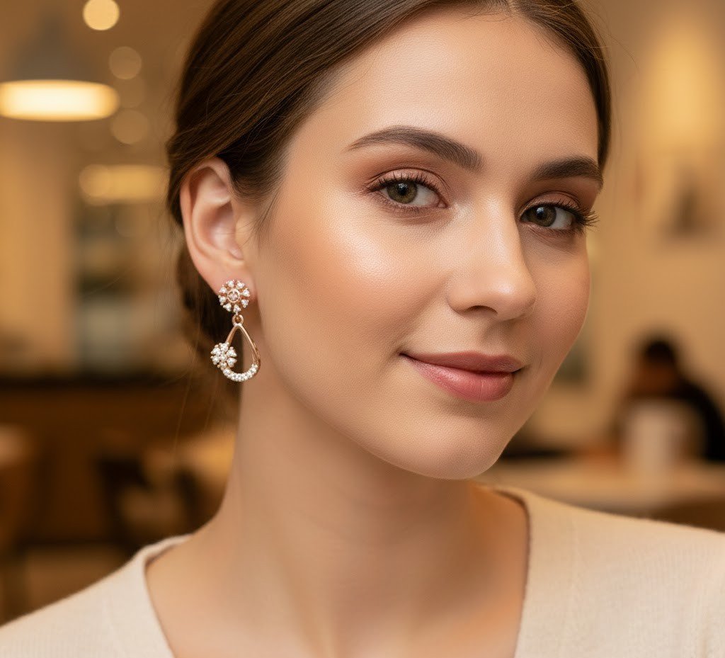Rose Gold-Plated Teardrop Floral Drop Earrings | Sparkling Crystal Dangle Earrings for Women | Elegant Party Wear Floral Drops