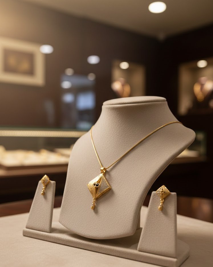 Premium 1-Gram Gold Plated Designer Rhombus Pendant Set with Matching Earrings – Elegant Cubic Zirconia Studded Jewelry for Women and Girls