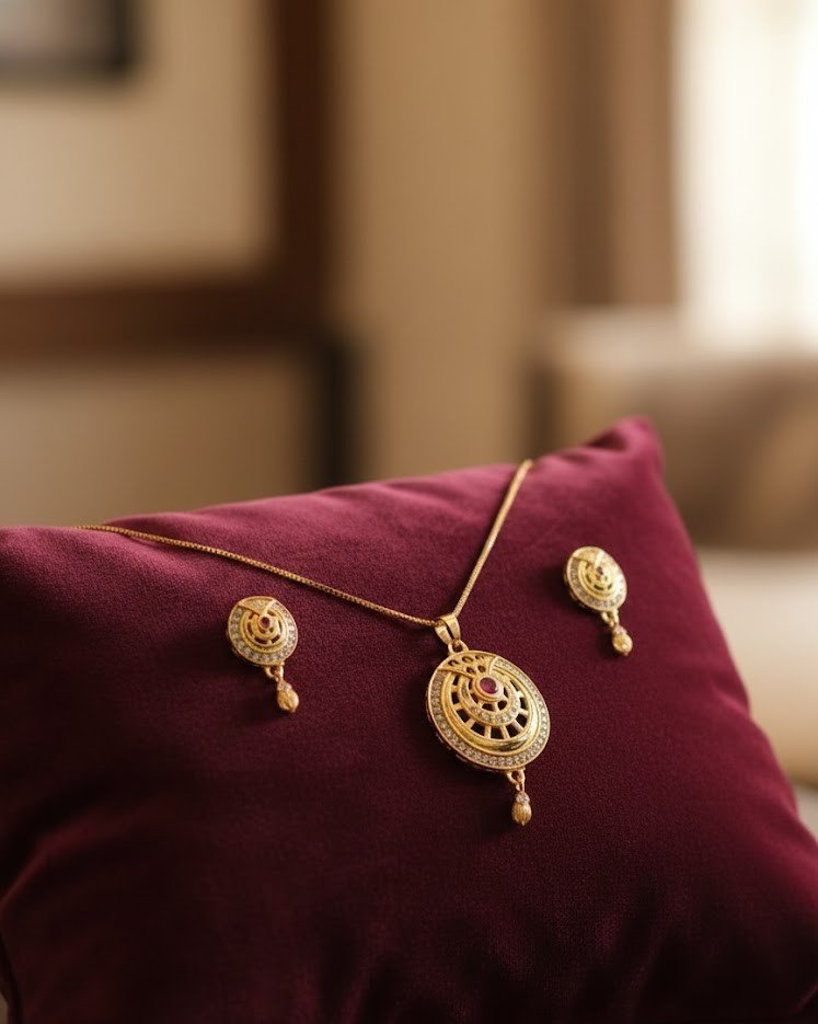 Royal 1 Gram Gold Circular Mandala Pendant Set – Ruby Red Stone Studded Traditional Jewelry with Earrings