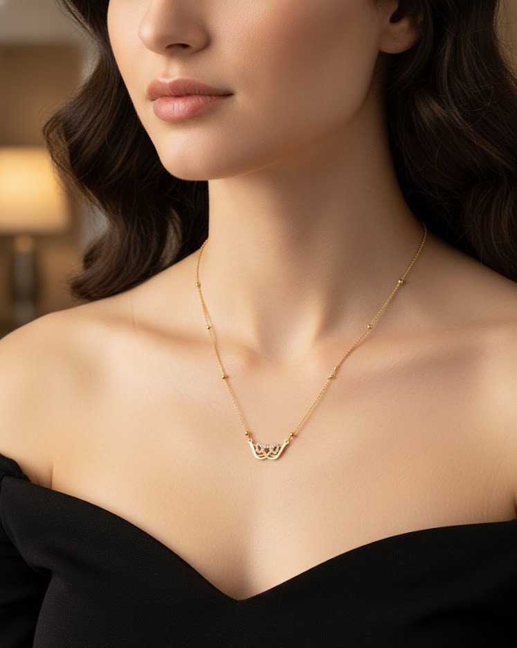 Modern Triple-Layer Wave Pendant Necklace with Sparkling AD Stones | Trendy Gold-Plated Chic Chain for Girls