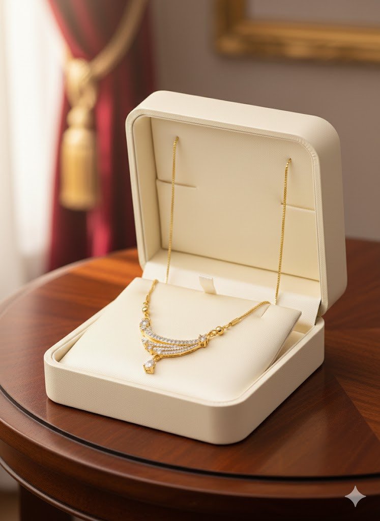 Modern Wave Design Gold-Plated AD Necklace with Stone Drop | Stylish Fancy Chain for Girls